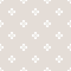 Vector minimalist geometric seamless pattern. Simple abstract texture with small crosses, flower silhouettes. Subtle white and beige minimal background. Pixel art style. Delicate repeatable design