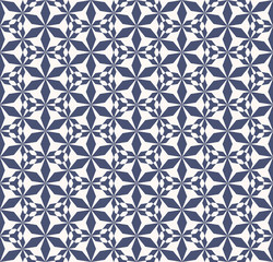 Vector abstract geometric seamless pattern. Elegant dark blue and white texture with floral silhouettes, snowflakes, triangles, grid, net. Simple ornamental background. Repeat design for decor, fabric