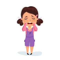 cute kid girl teen show facial expression. Lonely and sad little girl crying with ponytails and pink sweater  