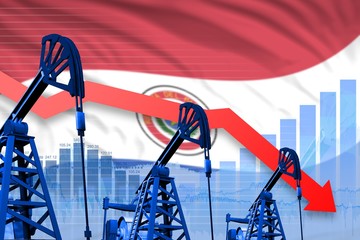 lowering, falling graph on Paraguay flag background - industrial illustration of Paraguay oil industry or market concept. 3D Illustration