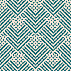 Vector geometric lines seamless pattern. Modern texture with squares, rhombuses, stripes, chevron, zigzag. Simple abstract geometry. Elegant dark green and beige background. Trendy repeatable design