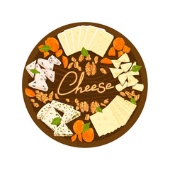 Vector colorful illustration set of cheeses on wooden plate.
