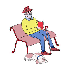 Vector colorful illustration of cute old man sitting on a park bench reading a book. Isolated on white background