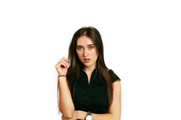Fototapeta premium Portrait of beautiful young woman in black. Model girl with differents emotions.