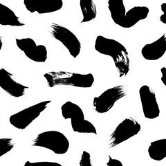 Brush strokes vector seamless pattern. Grunge lines, smears and blots in memphis style. Black and white mess mosaic texture.