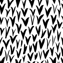 Black paint check marks vector seamless pattern. Messy ink brush symbols, freehand smears monochrome texture.