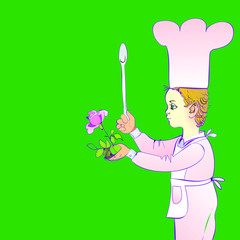 colored sketch illustration of little cook boy holding pink rose and big spoon