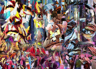 Fototapeta premium Complex abstract painting. Colorful mosaic elements and pieces of men's faces