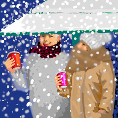 colored sketch illustration of lovers couple walking on winter snowfall and drinking tea 