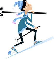 Young skier woman isolated illustration. Walking young skier woman holds skies on the shoulder isolated on white