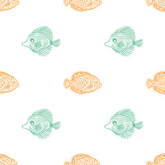 Seamless pattern of color fish on white background. Funny vector outline endless fish pattern. For wrapping paper, box,scrapbooking,web background. Design for fish market, shop, restaurant.
