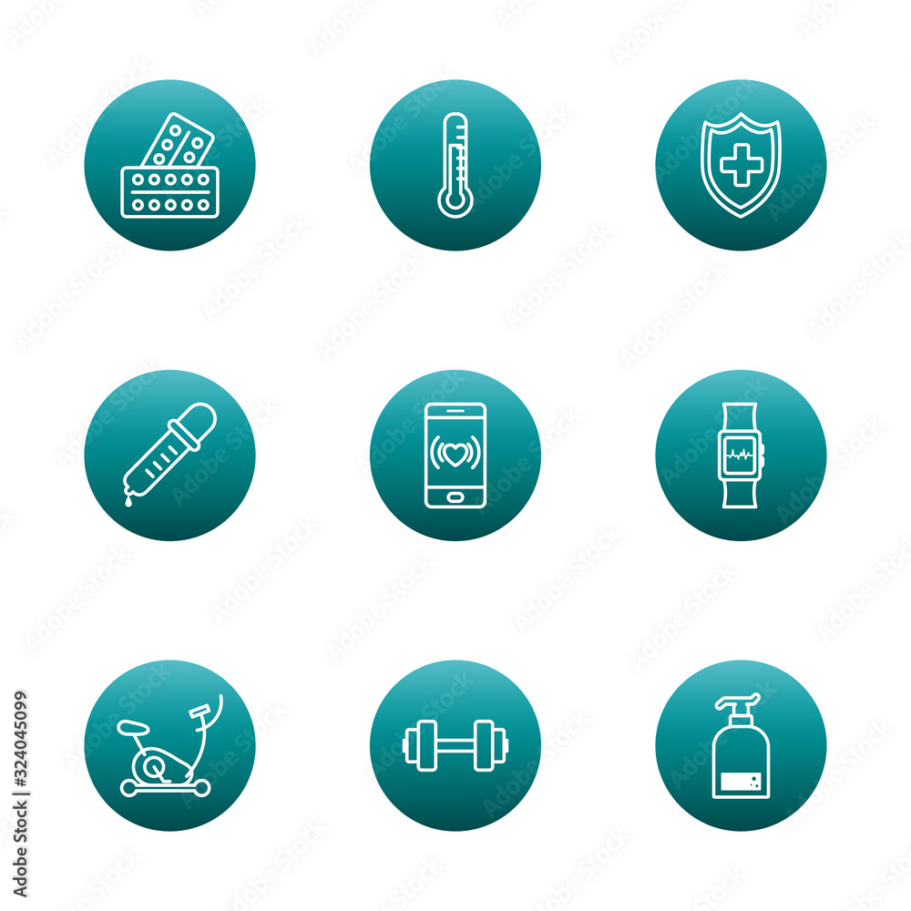 Poster healthy lifestyle block gradient style icon set vector design