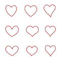 Set of red hearts icons. Hand draw. Vector illustration