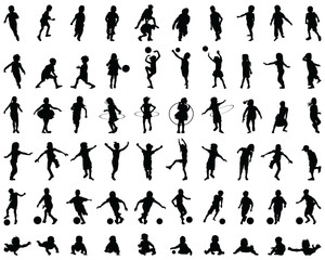 Black silhouettes of children playing, illustration on a white background