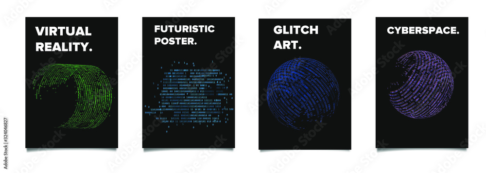 Leinwandbilder Set of cyberpunk/ vaporwave/ synthwave style futuristic posters with binary code and 3d figures. Collection of covers for hackathon, informational security or infosec event.