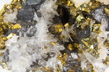 Macro of Pyrite mineral with quartz crystals