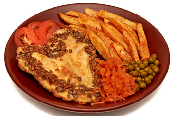 chicken chop with French fries, green peas, tomato and cabbage