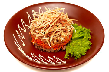 snack of meat, carrots, green salad and mayonnaise