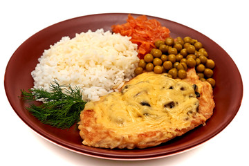 Pork chop with cheese, rice, green peas