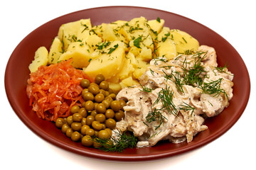 braised pork with boiled potatoes, cabbage and peas