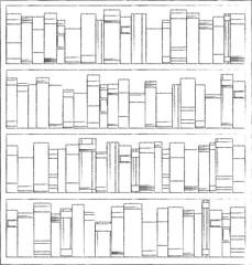 Bookshelves full of books both in the library. Flat vintage black and white vector illustration.