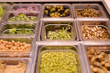 Salad bar with vegetables in the restaurant, healthy food.