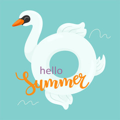 Inflatable circle Swan with calligraphic text. Hello summer, calligraphy. Vector illustration in cartoon style.