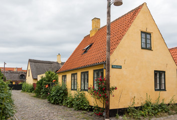 Fototapeta na wymiar Old, traditional Danish houses in narrow, cobbled stone street in the fishermen's village Dragør, Denmark.