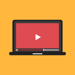 Laptop screen with video player. Play button on laptop screen. Vector illustration.