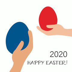 Happy Easter greetings. Hand holding Easter egg. Vector illustration.