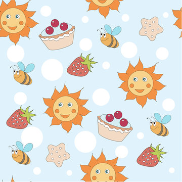 Sun, butterflies, bees and snails. Seamless pattern with sweets for children. Vector flat image.