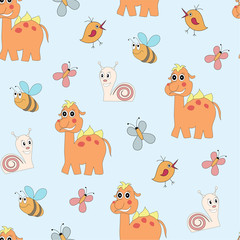 Dinosaurs, butterflies, bees. Seamless pattern for children. Vector flat image.