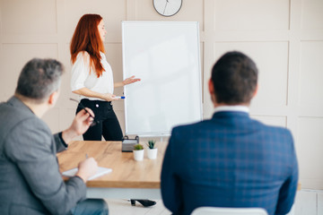 Business people team making presentation at modern office. Colleagues brainstorming ideas. Teamwork, meeting, conference concept