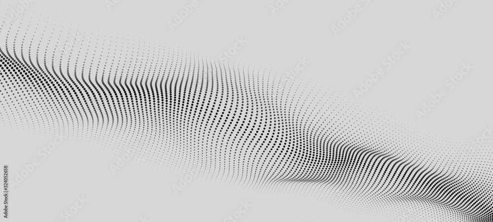 Poster Wave of particles. Futuristic point wave. Vector illustration. Abstract background with a dynamic wave. Wave 3d.