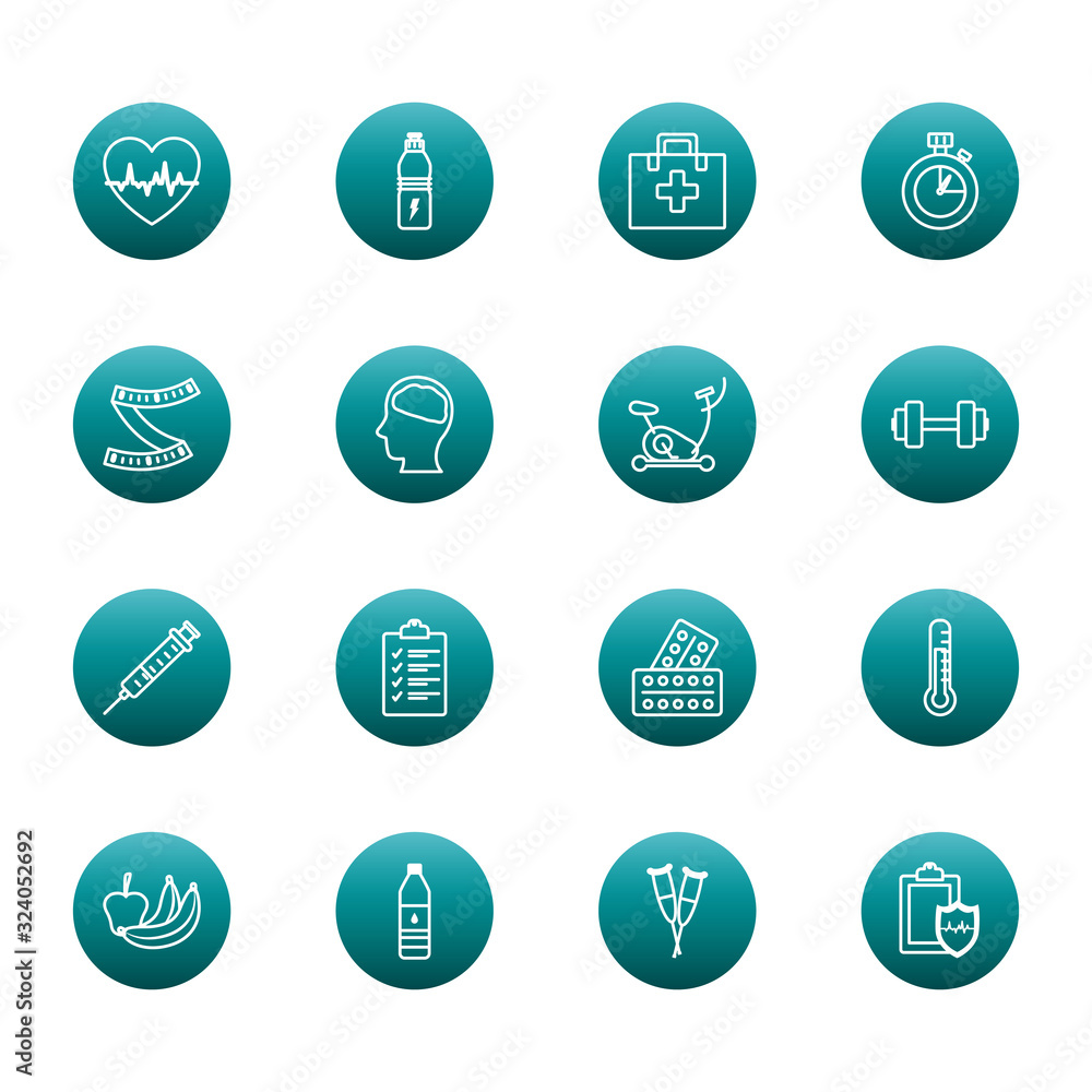 Poster healthy lifestyle block gradient style icon set vector design