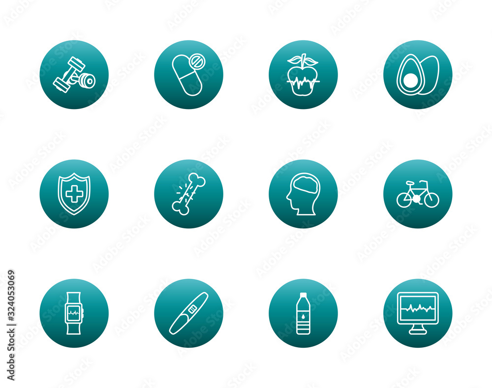 Poster healthy lifestyle block gradient style icon set vector design