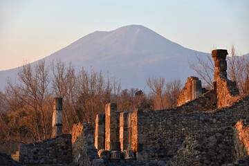 Pompeii and view on Vesuvius during sunset - Italy