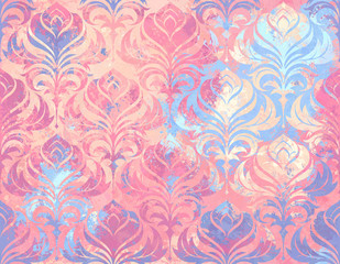 Fototapeta premium Swirl Damask Wallpaper Pattern, seamless tiling repeating background grunge texture, pastel rainbow watercolor paint splatter version