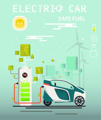 Vector.Electric station,  wind power. Mini electric car charging system. Ecologically clean transport. Сharging system. Safe fuel for the environment. flat design.