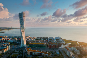 Beautiful aerial panoramic view of the Malmo city in Sweden by the sea with the Oresund bridge...