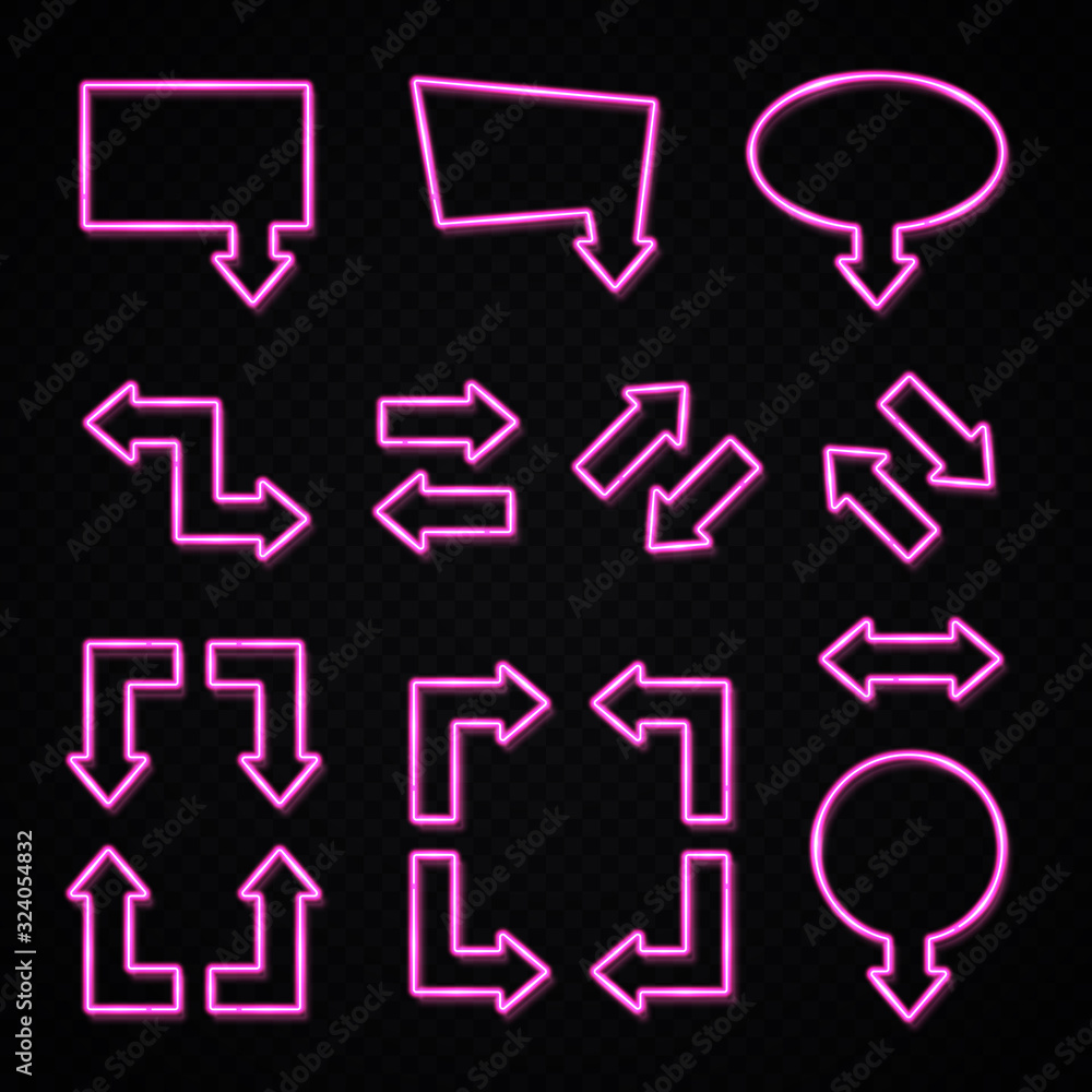 Poster 3d pink neon arrow sign set on transparent background. square rectangle oval circle geometric shape 