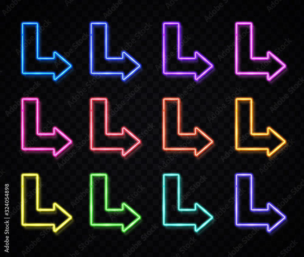 Aufkleber color enter arrows symbol. neon light 3d arrow pointer set on transparent background. glowing line o