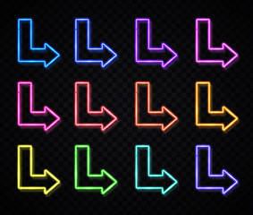 Color enter arrows symbol. Neon light 3d arrow pointer set on transparent background. Glowing line on dark backdrop Night club bar retro street direction sign element design Bright vector illustration