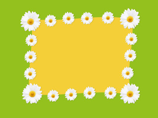 Yellow paper with daisies border on green.