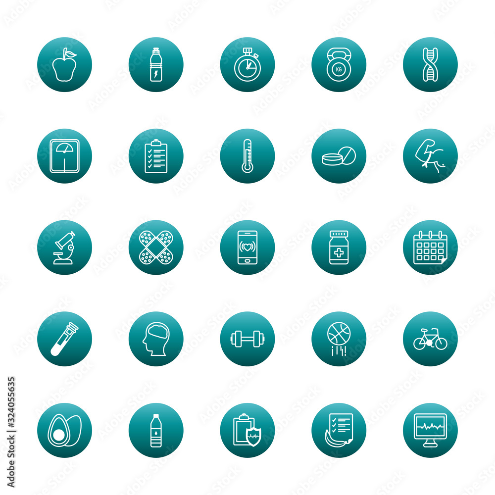 Poster healthy lifestyle block gradient style icon set vector design