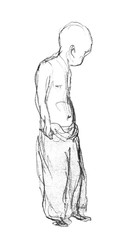A rough sketch of a standing young child in pants. Pencil drawing on white paper. Handwork.