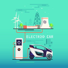 Vector Image. Мini electric car and electric station. Сharging system. flat design.Ecologically clean transport.