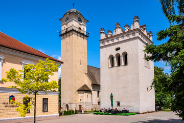 Poprad, Slovakia - Bell tower of gothic St. Egidius church - Kostol svateho Egidia - at the St. Egidius square in Poprad historic quarter