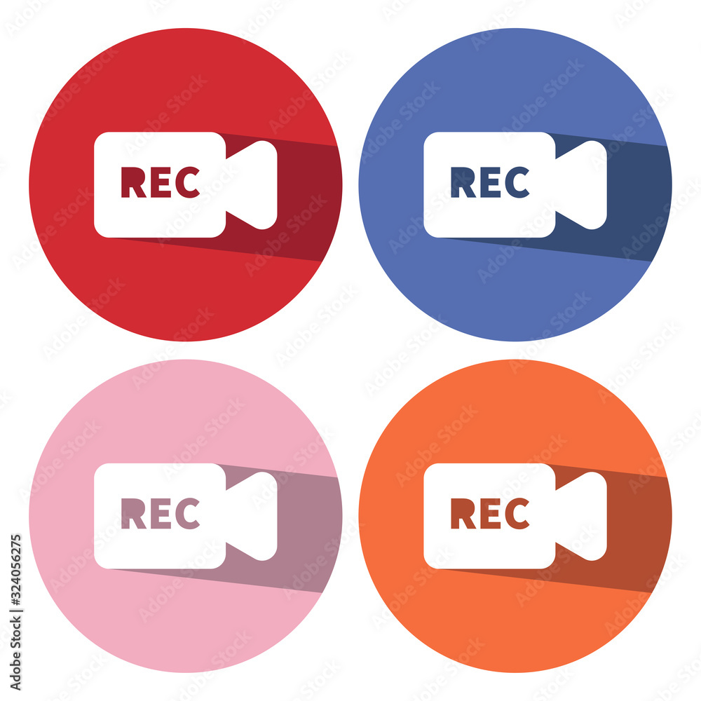 Poster video camera sign icon. video content button. circle buttons with long shadow. 4 icons set. vector
