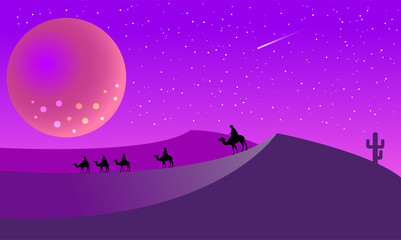 Obraz premium Landscape with desert and Bedouins in a night scene. Background of hills with silhouettes, vector nature horizontal background. Vector illustration.